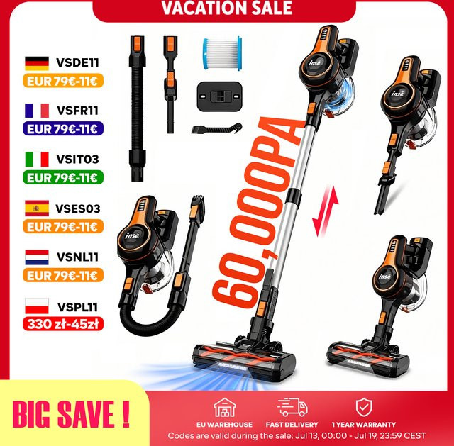 INSE S680 Kabelloser Staubsauger in Orange-Black mit 300W, 60000Pa Saugkraft, 60 Min. Laufzeit, LED-Beleuchtung und 1,2l Staubbehälter für Tierhaare und Auto - Bild 1