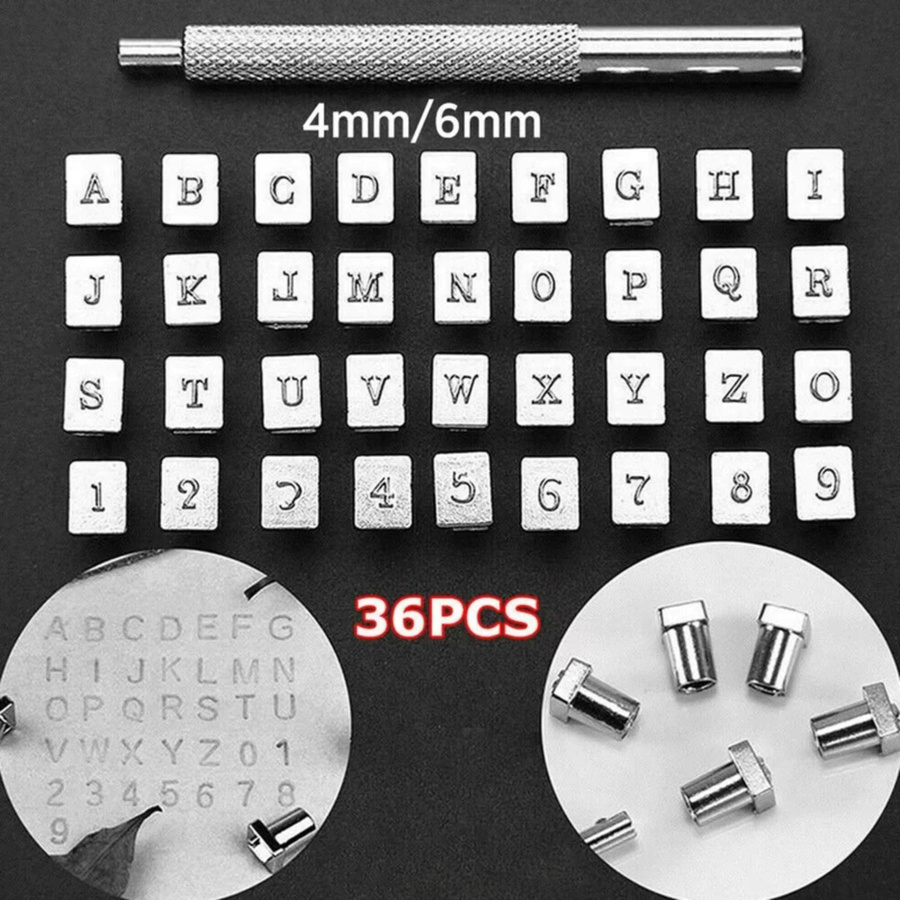 36-teiliges Leder-Stempelset in Silber mit Alphabet- und Zahlenstanzer für Lederhandwerk und Brandmalerei, 4 mm und 6 mm - Bild 2