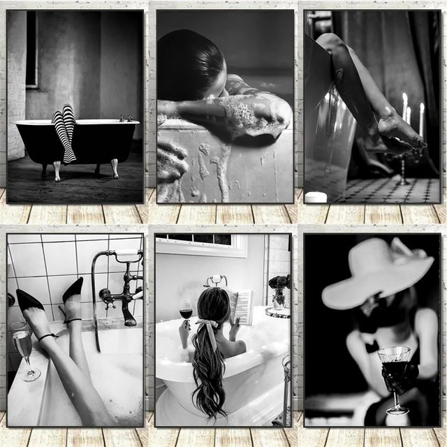 Potdemiel Vintage Wandkunst Leinwand Poster Schwarz-Weiß mit Motiv einer Frau in der Badewanne für deine Badezimmer Dekoration - Bild 1