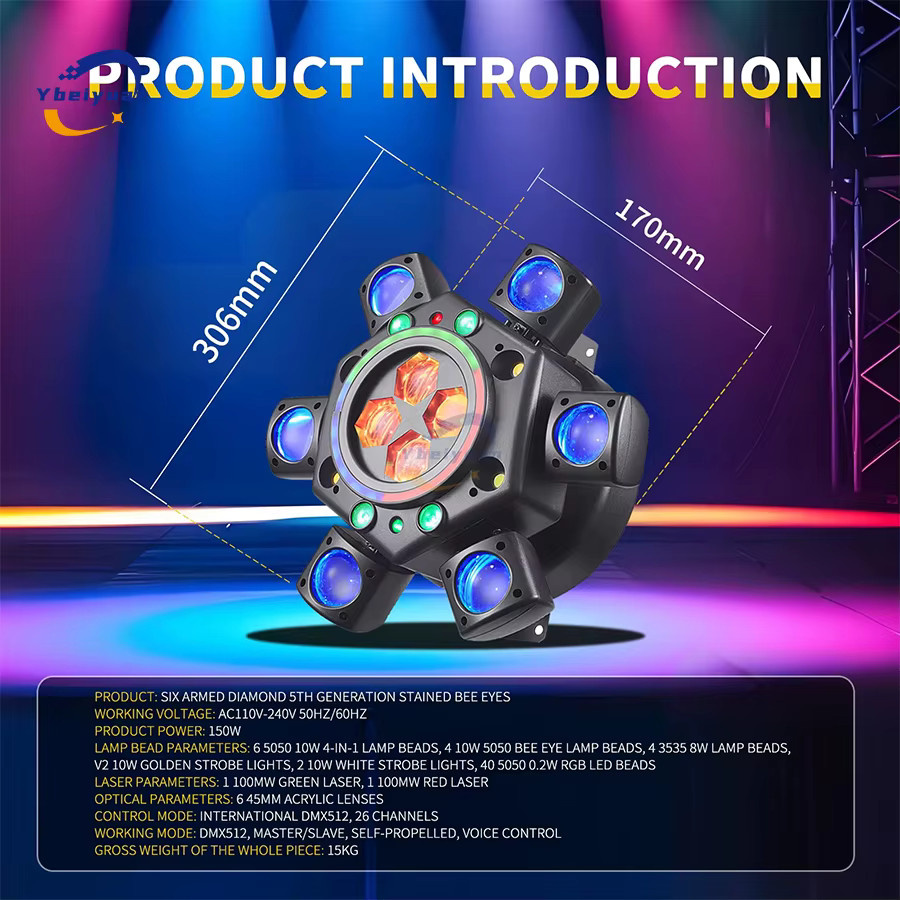 Ybeiyuan 150 W RGBW 4-in-1 LED Moving Head Bee Eye Effektlicht mit 6 Armen, DMX512 und Fernbedienung, Schwarz/Mehrfarbig - Bild 5