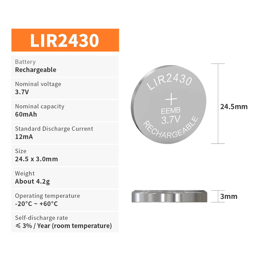 EEMB LIR2430 3,7V 95mAh Wiederaufladbare Lithium-Ionen-Knopfzellenbatterie mit Ladegerät in Silber für Sensoren, Kopfhörer und tragbare Geräte - Bild 2