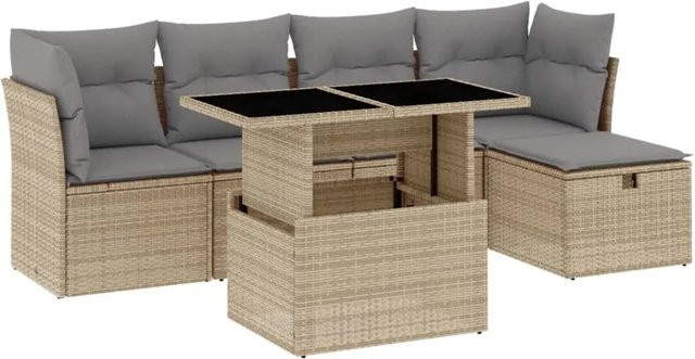 vidaXL 6-tlg Garten-Sofagarnitur in L-Form mit Kissen und Ottoman, Beige, Poly Rattan mit Metallgestell - Bild 1
