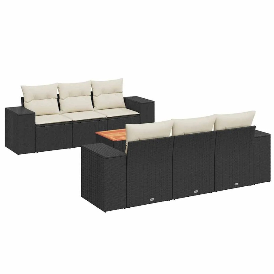 vidaXL 7-teilige Garten-Sofagarnitur aus Poly-Rattan und Akazienholz in Schwarz-Creme mit Kissen - Bild 2