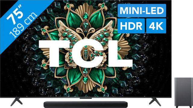 TCL 75 Zoll QD Mini-LED C61K 4K UHD Fernseher (2025) und TCL S55H 2.1 Soundbar Set in Schwarz - Bild 1