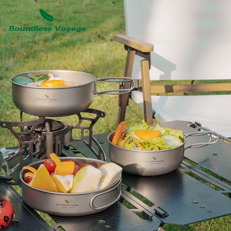 Boundless Voyage Ultraleichtes Camping-Kochgeschirr-Set aus Titan in Silber, bestehend aus Topf und Pfanne, Modell Ti2031C - Bild 2