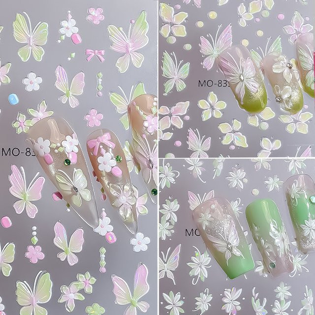 CHUNSHU Nagelaufkleber, 3 Stück, 3D Blumen, Bunter Kranz - Bild 1