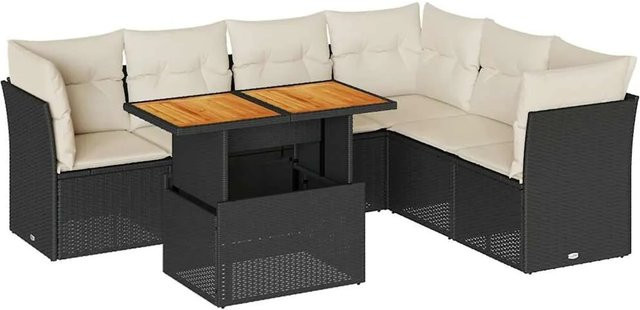 vidaXL 7-teilige Garten-Sofagarnitur in L-Form aus Polyrattan und Akazienholz mit Kissen in Schwarz-Creme - Bild 1