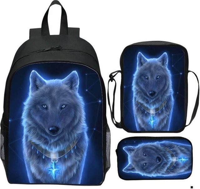 Fancy Style Studio Cartoon-Wolf Set aus Nylon mit Rucksack, Umhängetasche und Federmäppchen in Blau - Bild 1