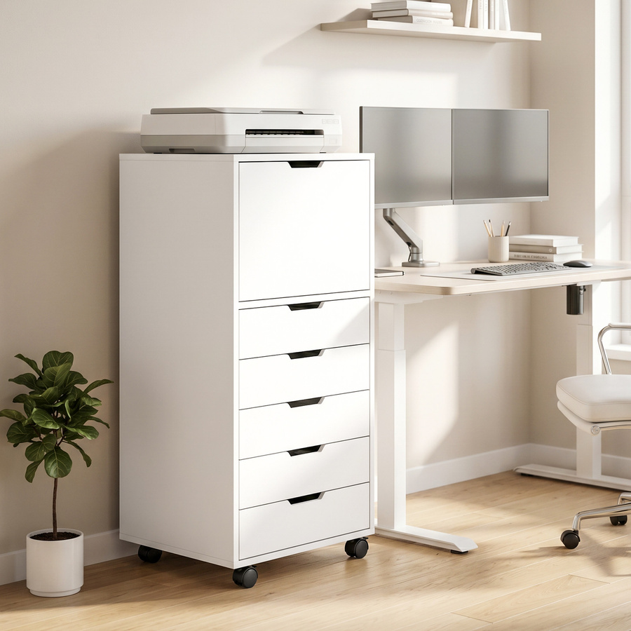 HOMCOM Rollcontainer für den Schreibtisch mit 5 Schubladen und Soft-Close-Funktion, Bürocontainer mit Rollen und Druckerablage, Aktenschrank für das Homeoffice, Weiß - Bild 2