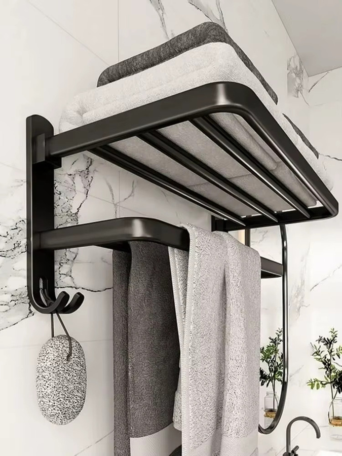 YUNJIEYA Wand-Handtuchhalter für das Badezimmer in Schwarz mit Aufbewahrungsregal und selbstklebender Montage ohne Bohren - Bild 7