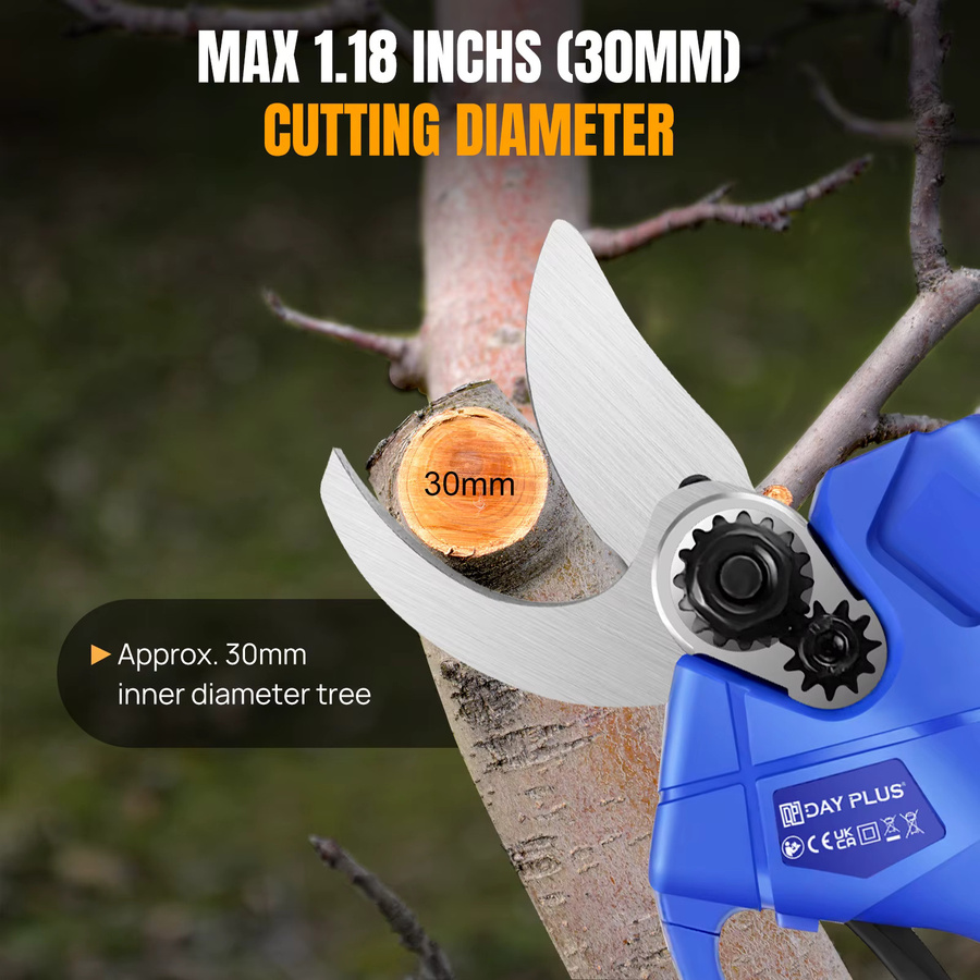 Professionelle bürstenlose Akku-Gartenschere in Blau mit 2 Lithium-Batterien zum Schneiden und Trimmen von Ästen in Obstgärten und Weinbergen - Bild 5