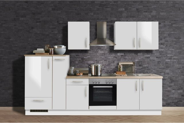 Menke Küchenzeile White Premium in Weiß Hochglanz mit Asteiche Nachbildung, B/T/H: 300 x 60 x 133 cm - Bild 1