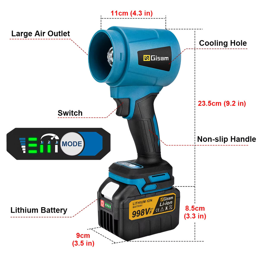 Gisam Bürstenloser Elektrischer Turbo-Gebläseventilator für Makita 18V Akku, Kabelloser Handgehaltener Laubbläser und Staubbläser in Blau - Bild 7