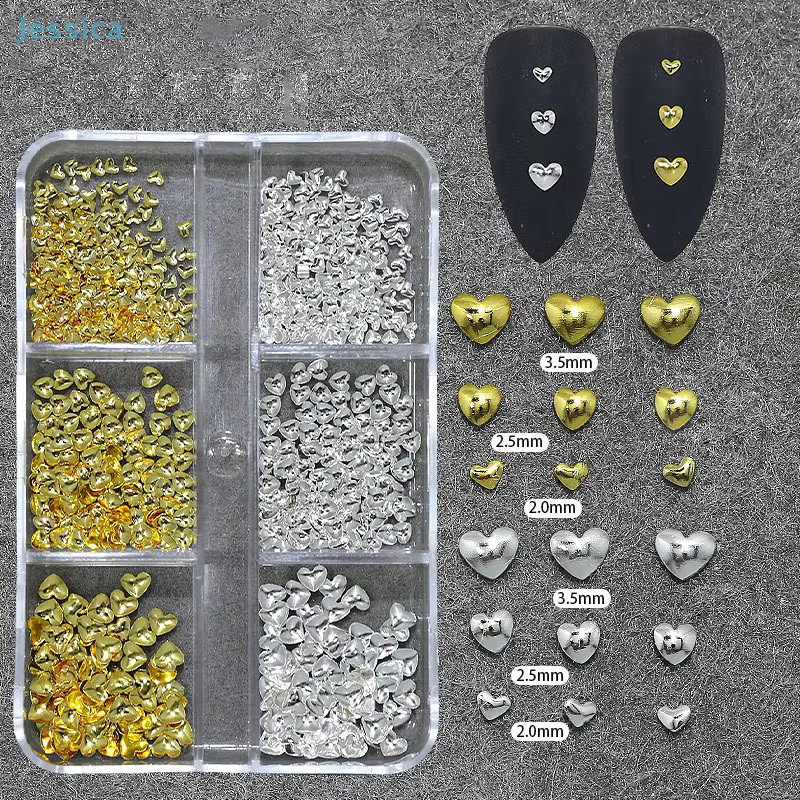 Nail Art Charms 3D Metall Herz Nieten, Gold und Silber, Mini Metallflocken - Bild 2