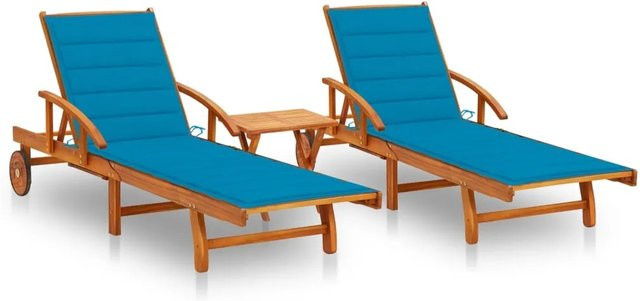 vidaXL Sonnenliegen Set aus 2 Stück mit Tisch und blauen Auflagen aus Massivholz Akazie - Bild 1