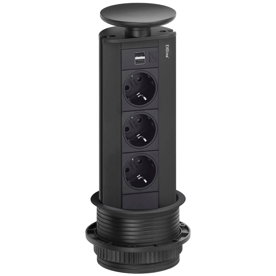 EVOline Port Steckdosenturm Schwarz mit 3-fach Schuko, USB-A und USB-C sowie versenkbarem Wippdeckel - Bild 2