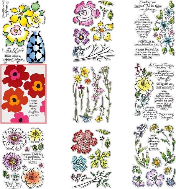 Stempelset für Scrapbooking mit Blumenmotiven und glücklichen Botschaften in Multicolour aus Gummi - Bild 1