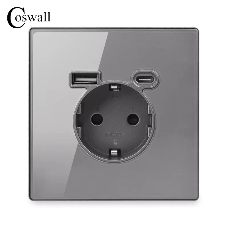 Coswall Wandsteckdose mit Glasfront und 2 USB-Ladeanschlüssen, Typ A-C, flammhemmend, transparent - Bild 2