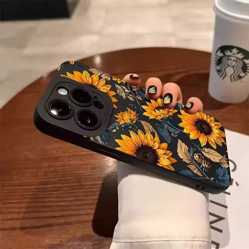 Anti-Drop Schutzhülle im Sonnenblumen-Design für Apple iPhone 17, 16, 15 Pro Max Plus Serie in Schwarz und Mehrfarbig - Bild 4