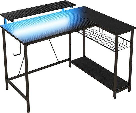 HOMCOM L-Form Eckschreibtisch mit LED, Steckdosen und USB in Schwarz, Reversibler Gaming Tisch mit Monitorständer, Regal und Haken, B/T/H: 107 x 80 x 90 cm