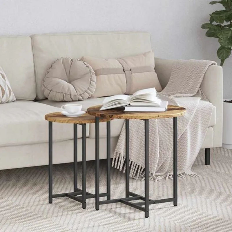 Vidaxl Beistelltisch-Set aus 2 Teilen im Industrial- und Landhaus-Stil in Schwarz und Holz, Rund, B/T/H: 50 x 50 x 50 cm - Bild 1