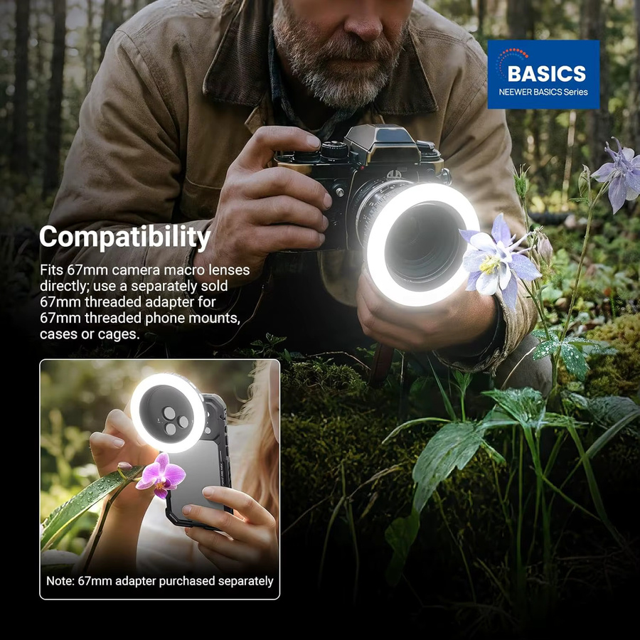 NEEWER Basics 67mm Ringlicht in Schwarz mit zweifarbigem LED-Selfie-Fotolicht und Gewinde für Handyhalterungen und Objektive - Bild 2