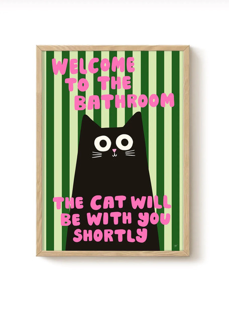 SHENCHEN Wandkunst Badezimmer Poster mit schwarzer Katze und Typografie in Schwarz, Rosa und Grün - Bild 1