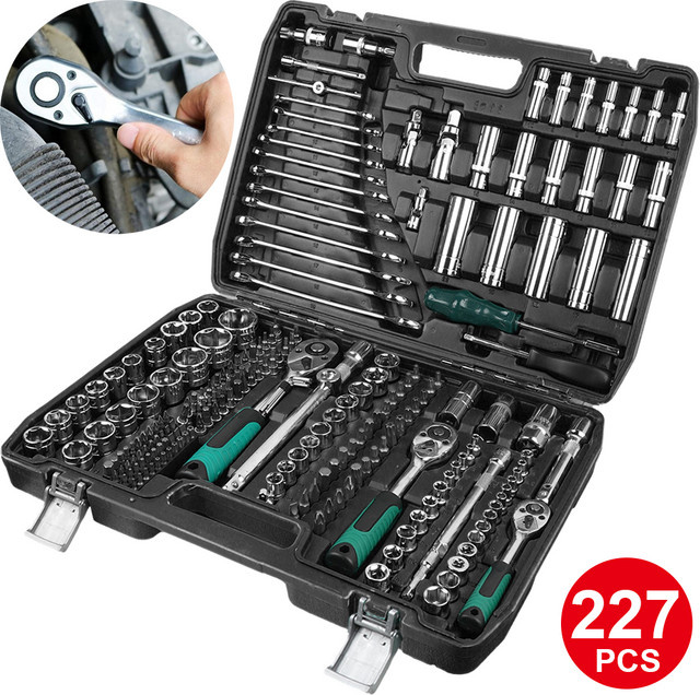 LONENESSL 227-teiliges Ratschenschlüssel-Set in Schwarz mit 1/4 Zoll, 3/8 Zoll und 1/2 Zoll Steckschlüsseln, Schraubendreher-Bits und Handwerkzeug für die Autoreparatur - Bild 1