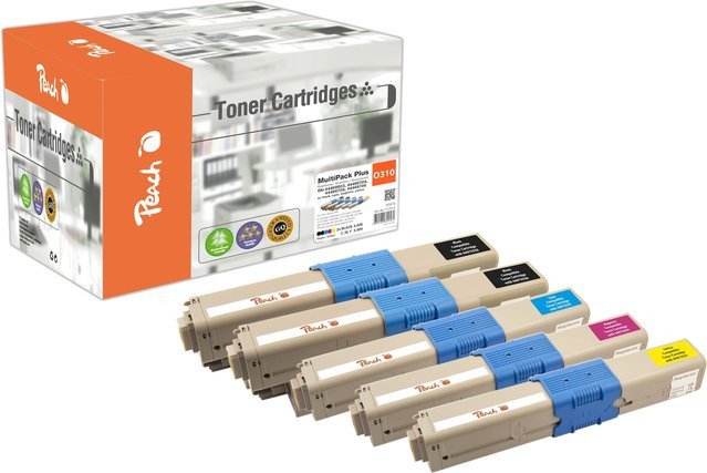 Peach Toner-Set O4446/4449 für OKI C 310 DN, C 330 DN, C 331 DN, C 510 DN und C 511 DN, 5 Stück (2x Schwarz, Cyan, Magenta, Gelb), wiederaufbereitet - Bild 1