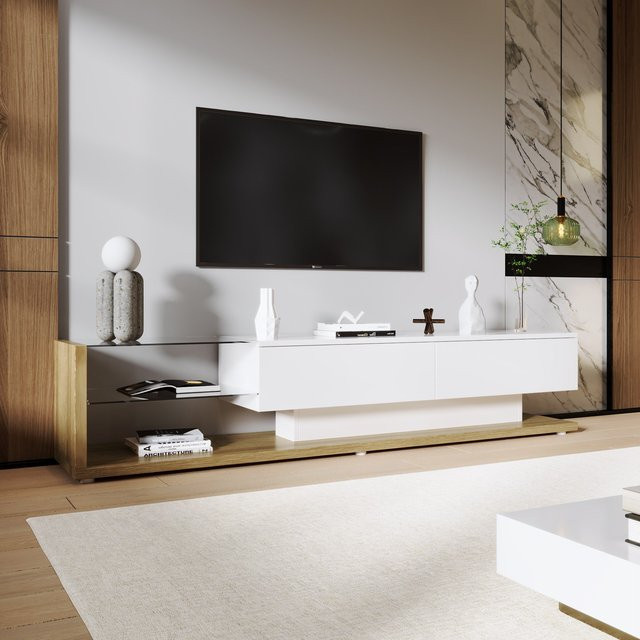 Aosom TV-Schrank in Weiß mit Hochglanz-Finish, Glasböden und integrierter LED-Beleuchtung im modernen Landhausstil - Bild 1