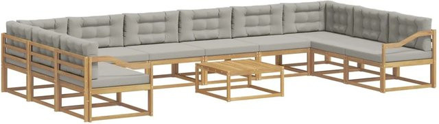 vidaXL Outdoor-Sofagarnitur in U-Form aus massivem Akazienholz mit 11 Kissen in Weiß und Hellgrau - Bild 1