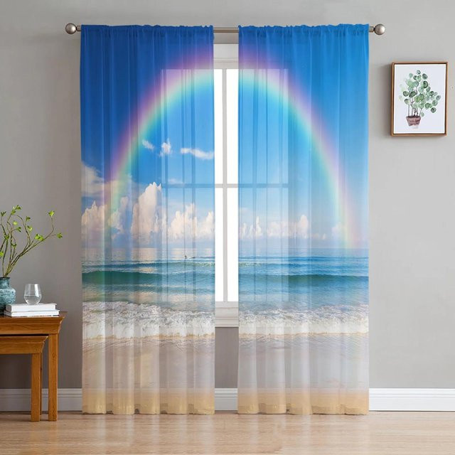 Yiran Furniture Transparenter Tüllvorhang mit Regenbogen, Sternen und Blumen in Multicolour, Organza-Drapierung mit Ösen, Breite: 135 cm, Höhe: 115 cm - Bild 1