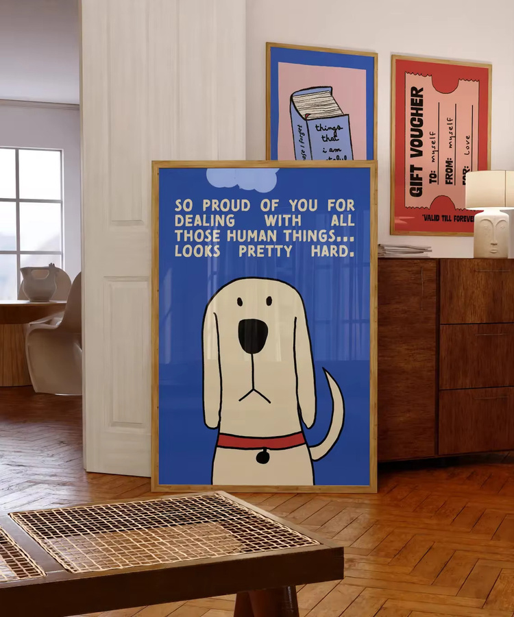 Moderne abstrakte Wandkunst mit Hundemotiv von SHENCHEN in Beige und Blau - Bild 2
