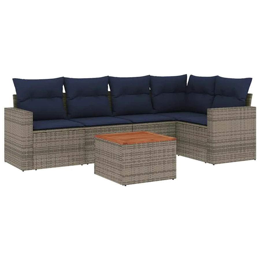 vidaXL 6-teilige Garten-Sofagarnitur aus Poly-Rattan und Akazienholz in Grau mit Kissen - Bild 2