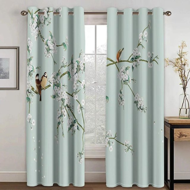 Traditionelle chinesische Vorhänge mit Vogel- und Blumenmuster in Grün, 2er-Set aus Polyester, B: 60 cm, H: 100 cm - Bild 1
