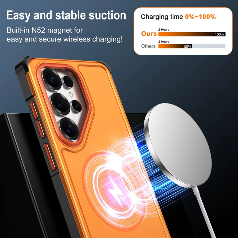 Xeber Armor Schutzhülle mit MagSafe-Magnetfunktion für Samsung Galaxy S26 Ultra S25 Edge S24 S23 Plus S24 FE in Silber und Orange - Bild 2