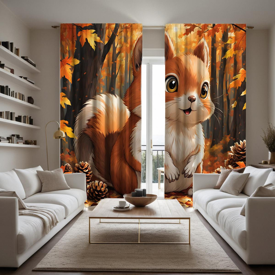 2er-Set Dekovorhang mit Ahornblatt Wald und Eichhörnchen Motiv in Gelb, halbtransparent, B: 132 cm, H: 160 cm - Bild 3