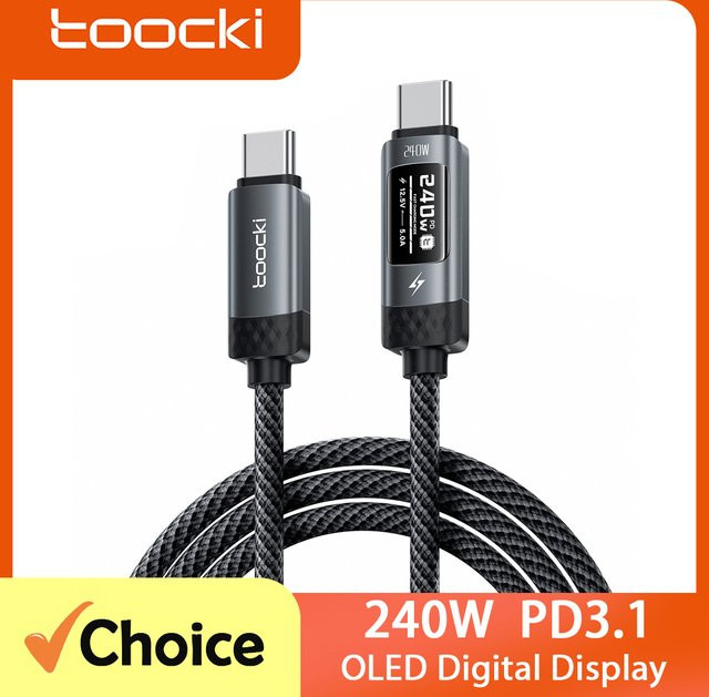 Toocki TX111C4 USB-C auf USB-C Schnellladekabel mit 240 W, PD3.1 SFC2.0 und OLED-Digitalanzeige, Schwarz - Bild 1