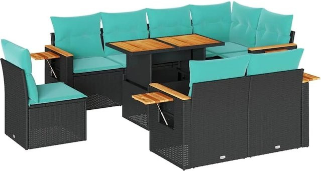 vidaXL 9-teilige Garten-Sofagarnitur in L-Form aus Poly-Rattan und Akazienholz mit Kissen in Schwarz - Bild 1
