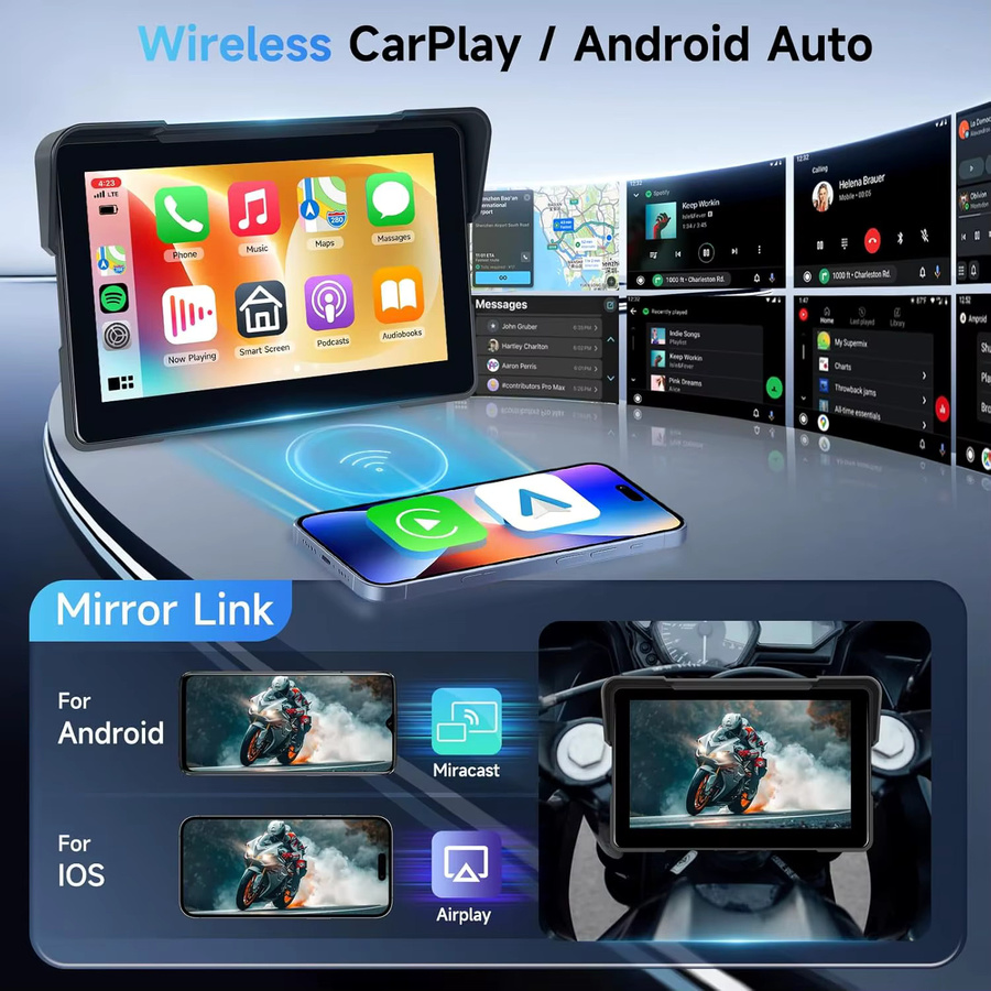 srnubi Tragbares Wasserdichtes Motorrad DVR mit GPS Navigation, Wireless CarPlay und Android Auto, Dual Bluetooth sowie TPMS, Schwarz, 5/7 Zoll - Bild 2