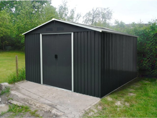Pergart Gerätehaus Dresden II 1012 aus Metall in Schiefer-Creme mit Schiebetüren und Giebeldach, B/T/H: 301 x 367 x 214 cm - Bild 1