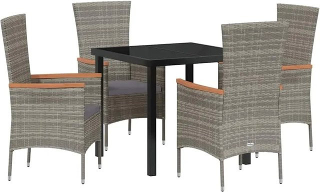 vidaXL Garten Essgruppe 5-teilig aus Poly Rattan und Akazienholz in Grau mit Glastisch und Kissen - Bild 1
