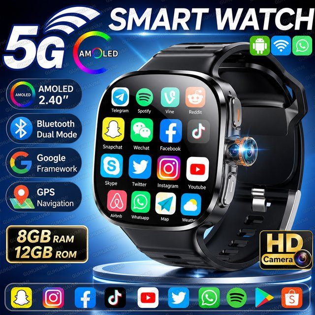GUHUAVMI Android Smartwatch für Herren mit 4G 5G Unterstützung, 2,4 Zoll AMOLED-Bildschirm, 8GB+128GB Speicher, GPS, WiFi und Videoanruf, Schwarz oder Orange - Bild 1