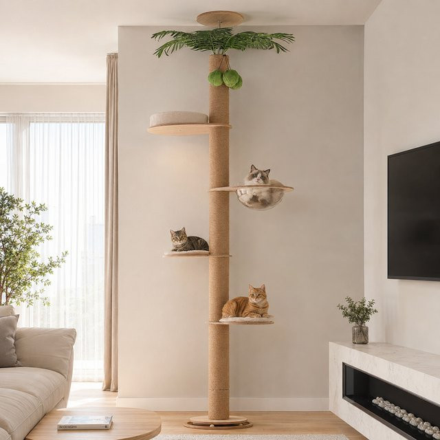 PAWZ Road Höhenverstellbarer Katzenbaum in Beige mit Acryl-Schalenbett, Sisal-Kratzflächen und integriertem Kugelbahn-Spielzeug - Bild 1