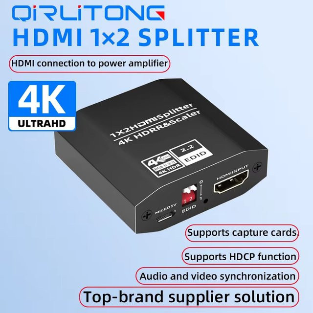 QiRT HDMI 1x2 Splitter 4K 3D in Schwarz mit HDCP 2.2 und 1.4 Unterstützung sowie HDR 4K 60Hz für TV und Laptop - Bild 1