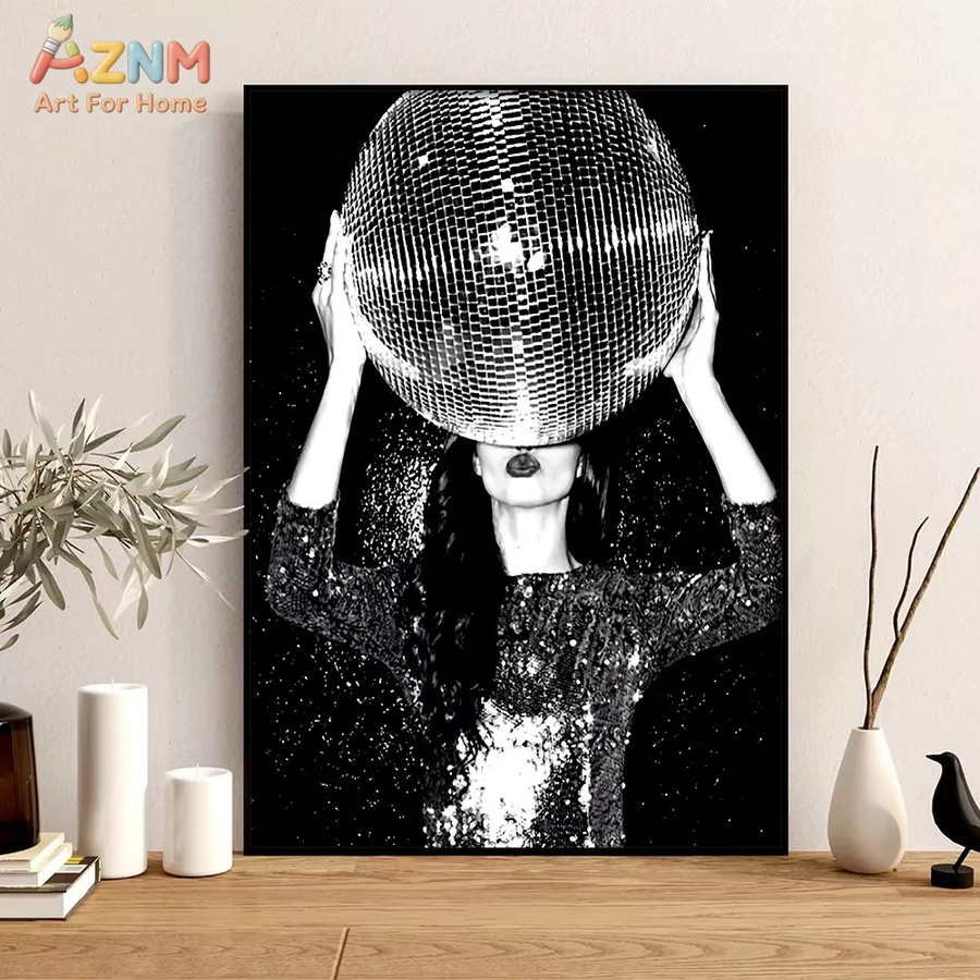 AZNM Disco-Kugel Leinwand-Wandkunst Schwarz-Weiß, Retro Abstract Geometric Party-Druck für Bar und Heimdekoration - Bild 4