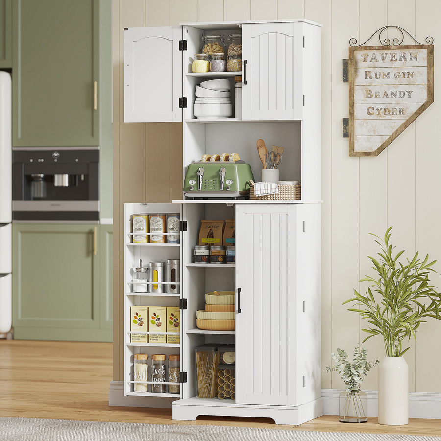 HOMCOM Küchenschrank Buffet in Weiß mit 4 Türen, Arbeitsfläche und 8 Gewürzhaltern, Landhausstil, B/T/H: 60 x 40 x 181,5 cm - Bild 2