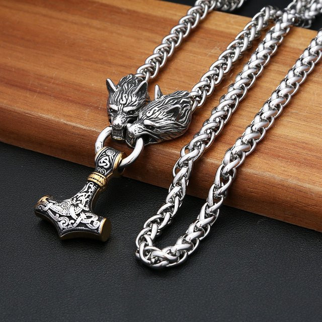 Halskette mit Thors Hammer Anhänger, Edelstahl, Silber, Herren - Bild 1