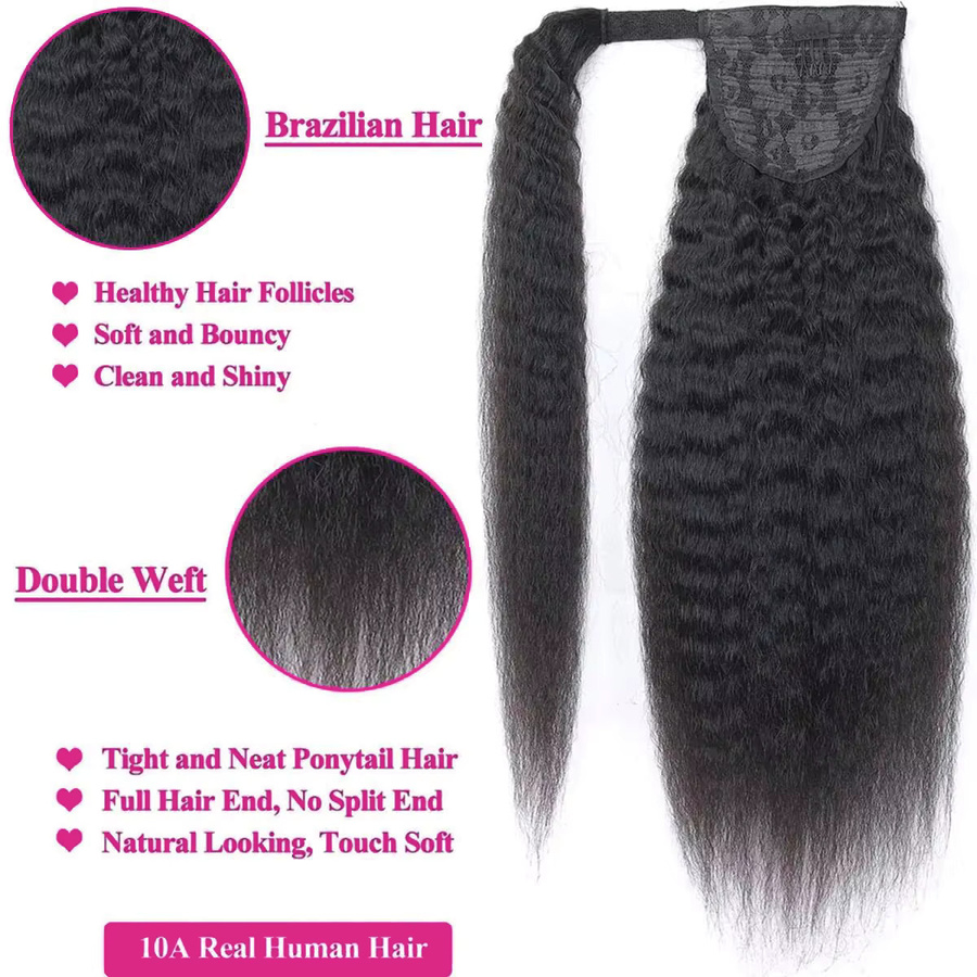 mayfive Kinky Straight Pferdeschwanz Echthaar, Wellenförmiger Yaki-Pferdeschwanz, Naturschwarz - Bild 3