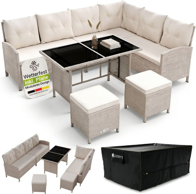 Juskys Gartenlounge Manacor Polyrattan Set in Creme mit Tisch, Hocker, Kissen und Abdeckung für 8 Personen, Sitzbezüge in Sand/Beige - Bild 1